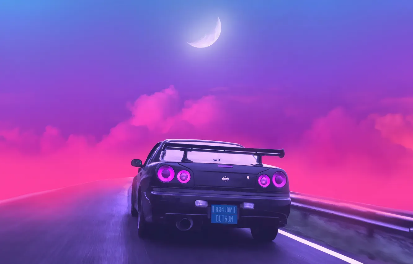 Фото обои дорога, облака, moon, sky, Nissan Gtr, Synthwave, pink Color