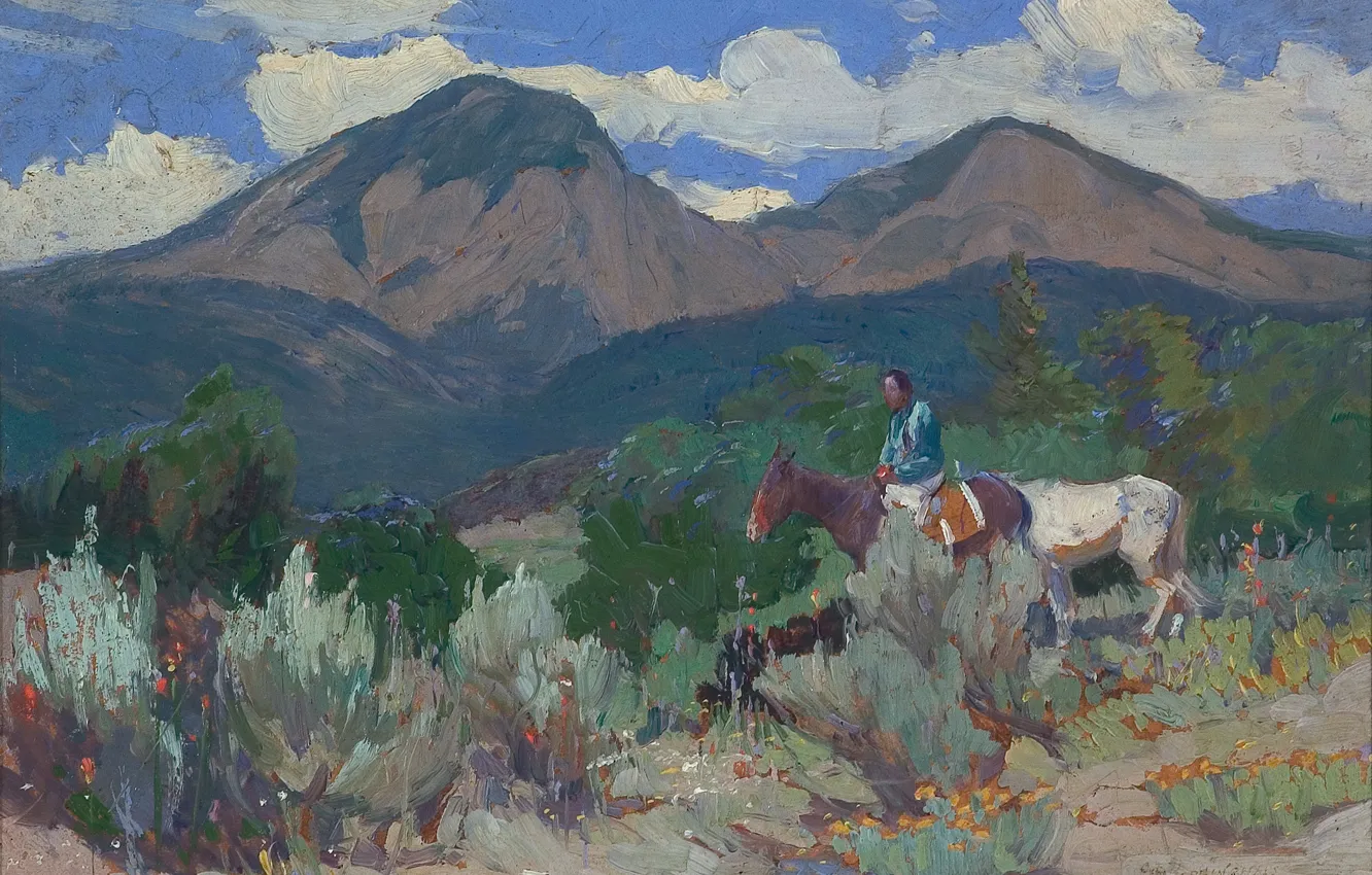 Фото обои горы, лошади, Oscar Edmund Berninghaus, рблака, Taos Mountain, Indian and