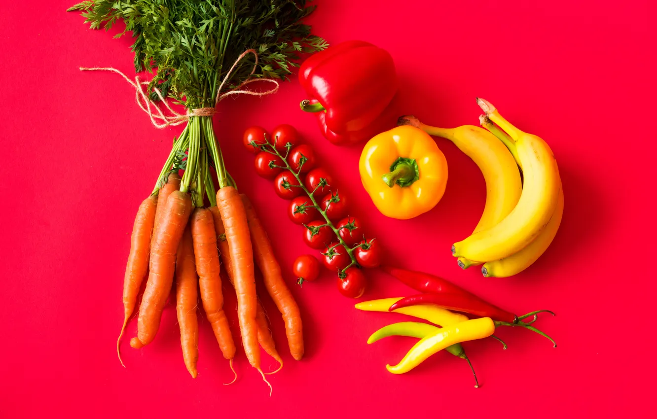 Фото обои бананы, перец, овощи, помидоры, морковь, томаты