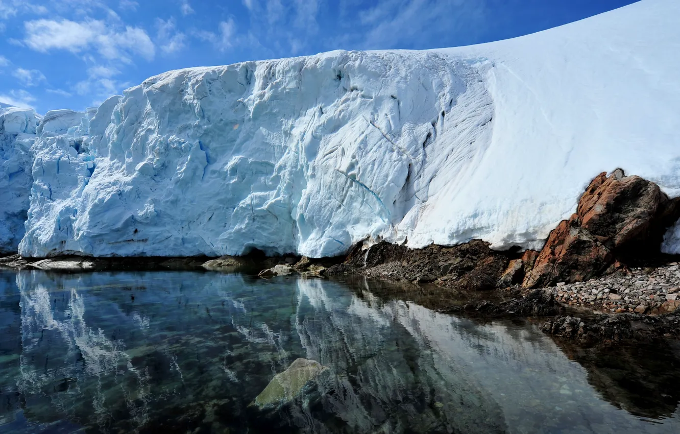Фото обои лед, вода, снег, отражение, камни, ледник, Антарктида