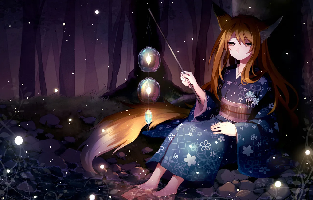 Фото обои лес, ночь, ручей, арт, фонари, девочка, hoshiyui tsukino