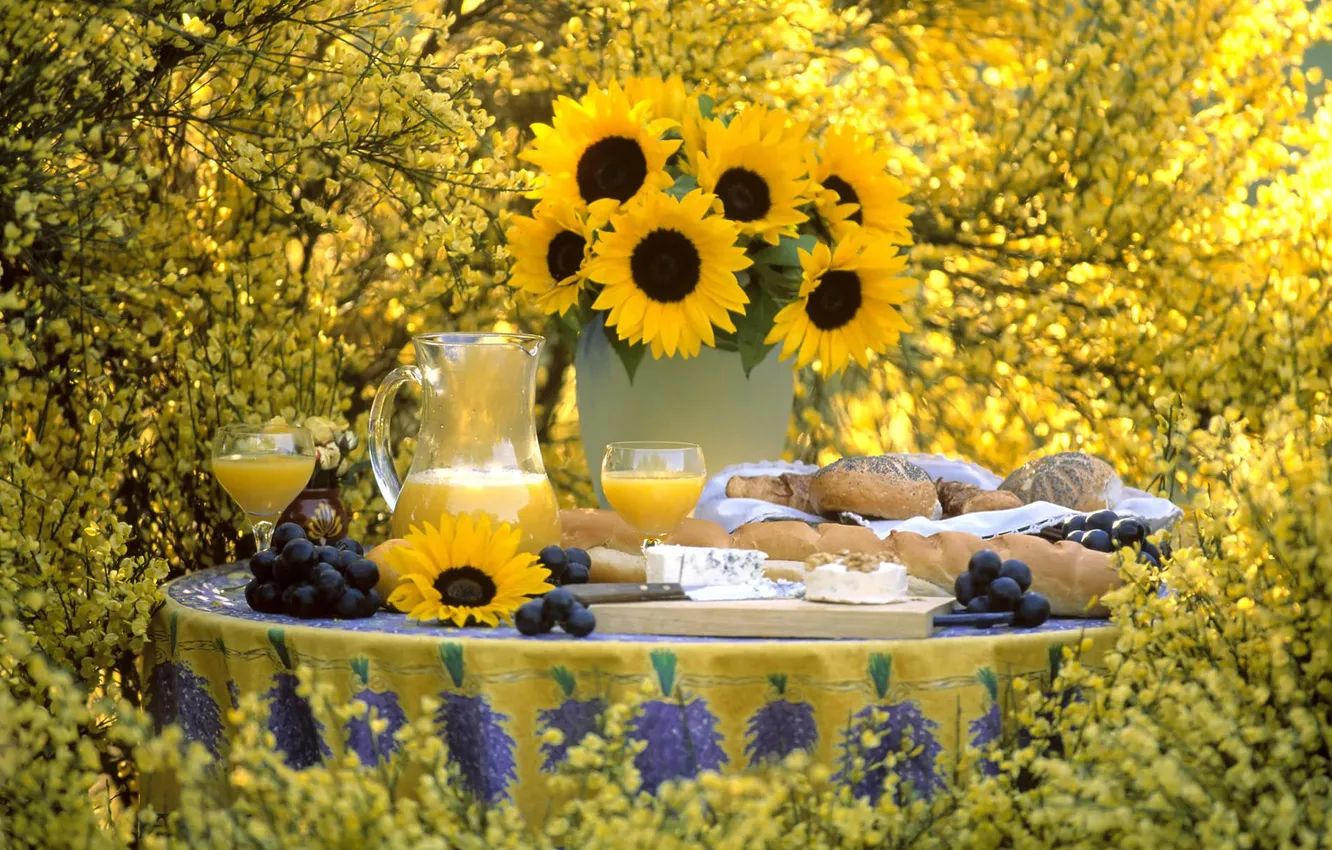Фото обои подсолнухи, цветы, желтый, природа, стол, сок, виноград