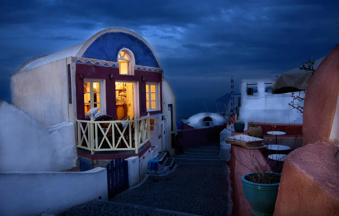 Фото обои ночь, дом, вечер, Санторини, Греция