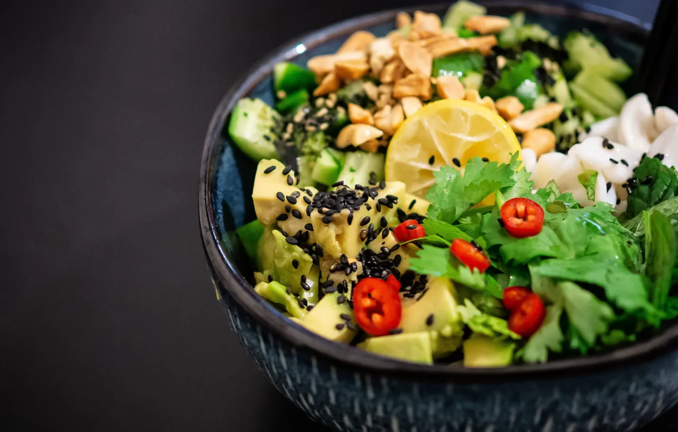 Фото обои зелень, лимон, еда, миска, фрукты, овощи, петрушка, салат