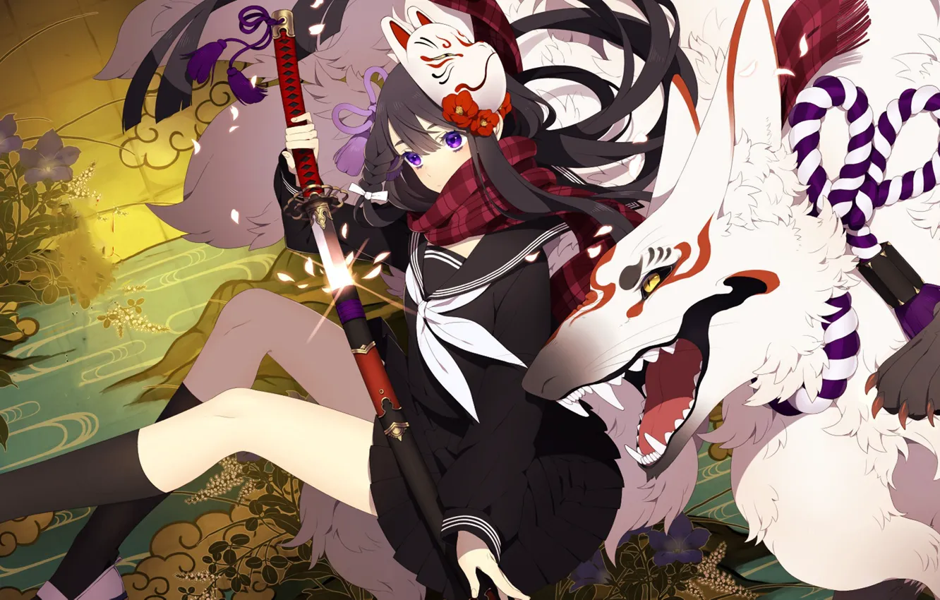 Фото обои girl, sword, fox, anime, ken, spirit, blade, mask
