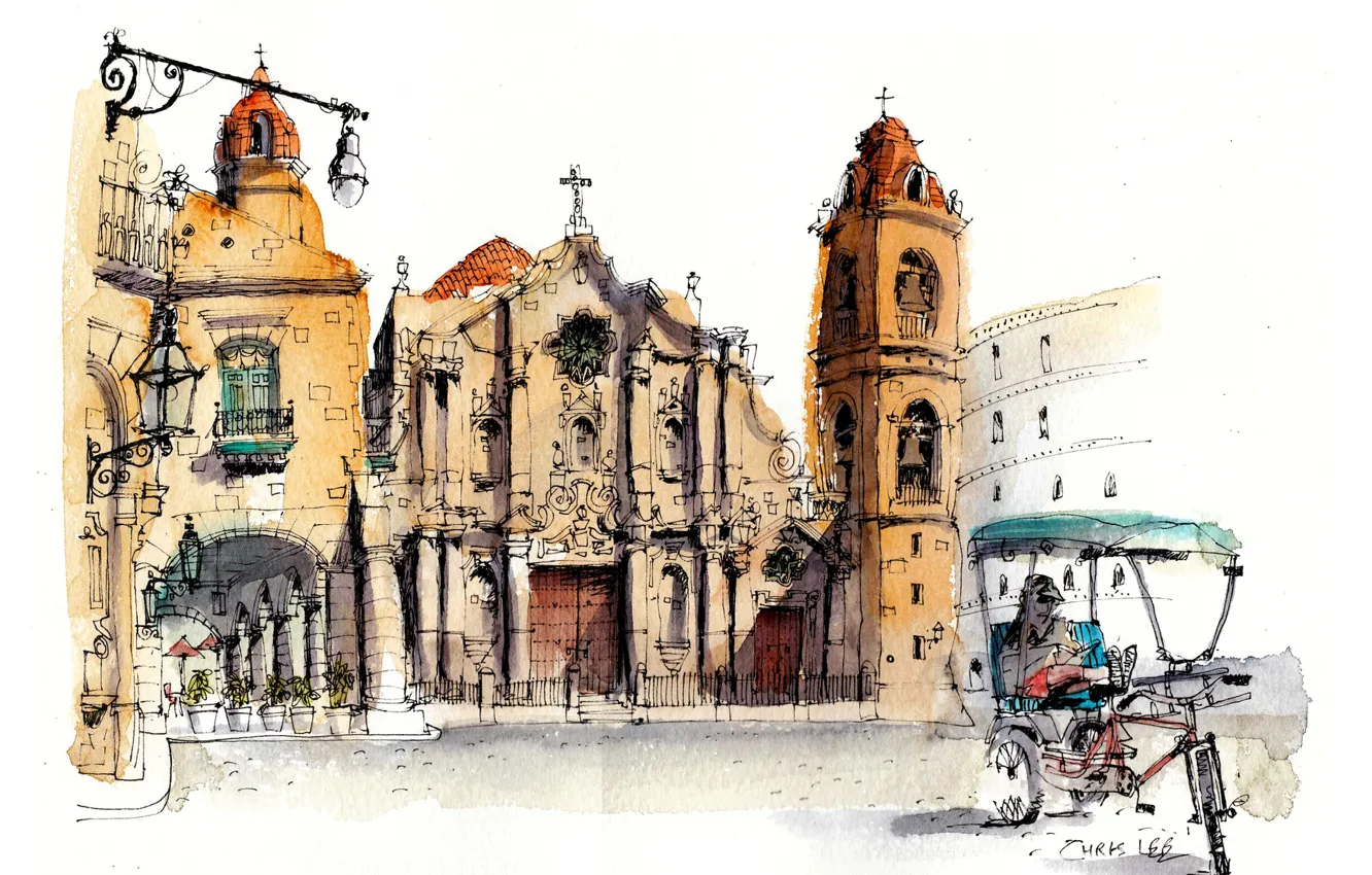 Фото обои улица, краски, рисунок, дома, собор, Куба, Гавана