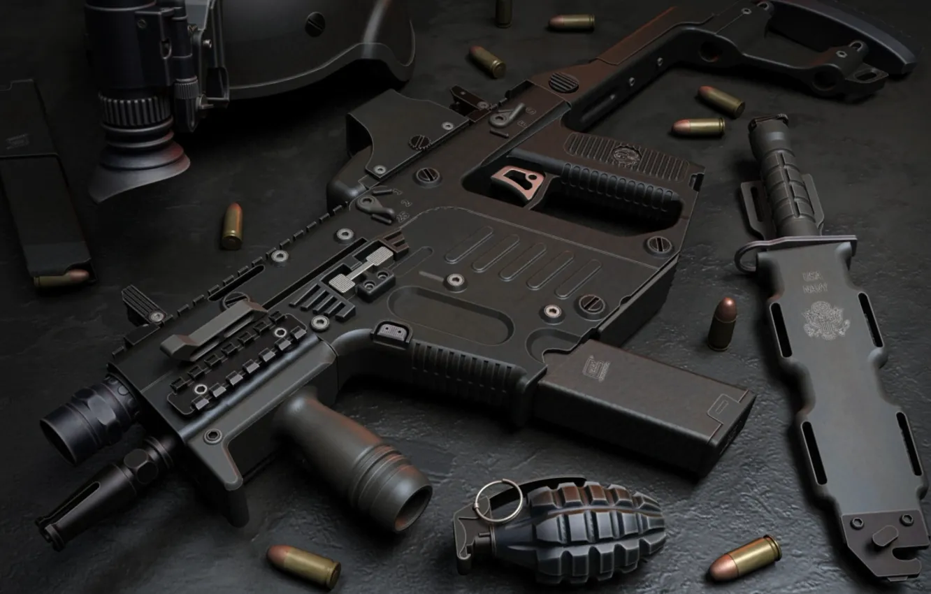 Фото обои gun, USA, weapon, charger, knife, helmet, ammunition, Kriss Super V