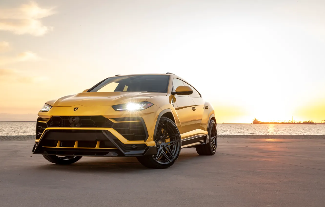 Фото обои пляж, закат, фары, вечер, Lamborghini, Vorsteiner, кроссовер, Urus