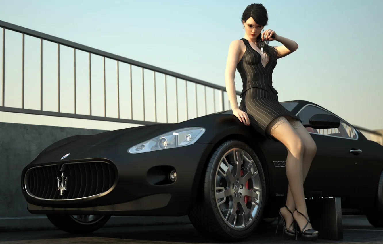 Фото обои машина, девушка, Maserati, чулки, платье, ключи, кейс