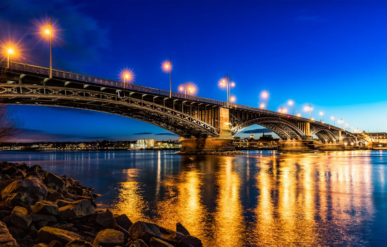 Фото обои мост, город, огни, река, Германия, Рейн, Майнц, мост Теодора Хойса