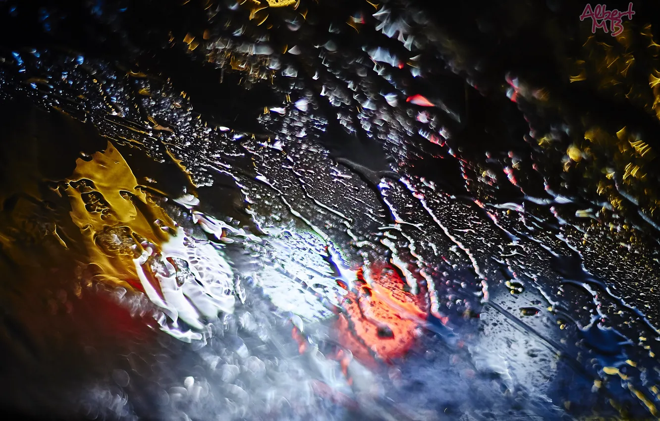 Фото обои вода, капли, макро, ночь, огни, дождь, Стекло, боке
