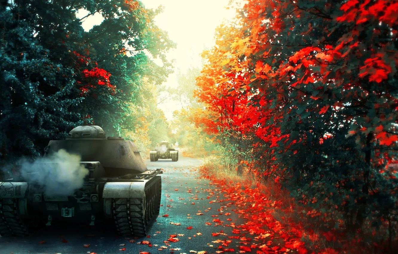 Фото обои дорога, осень, лес, арт, танки, WoT, World of Tanks, С.Т.В.О.Л.