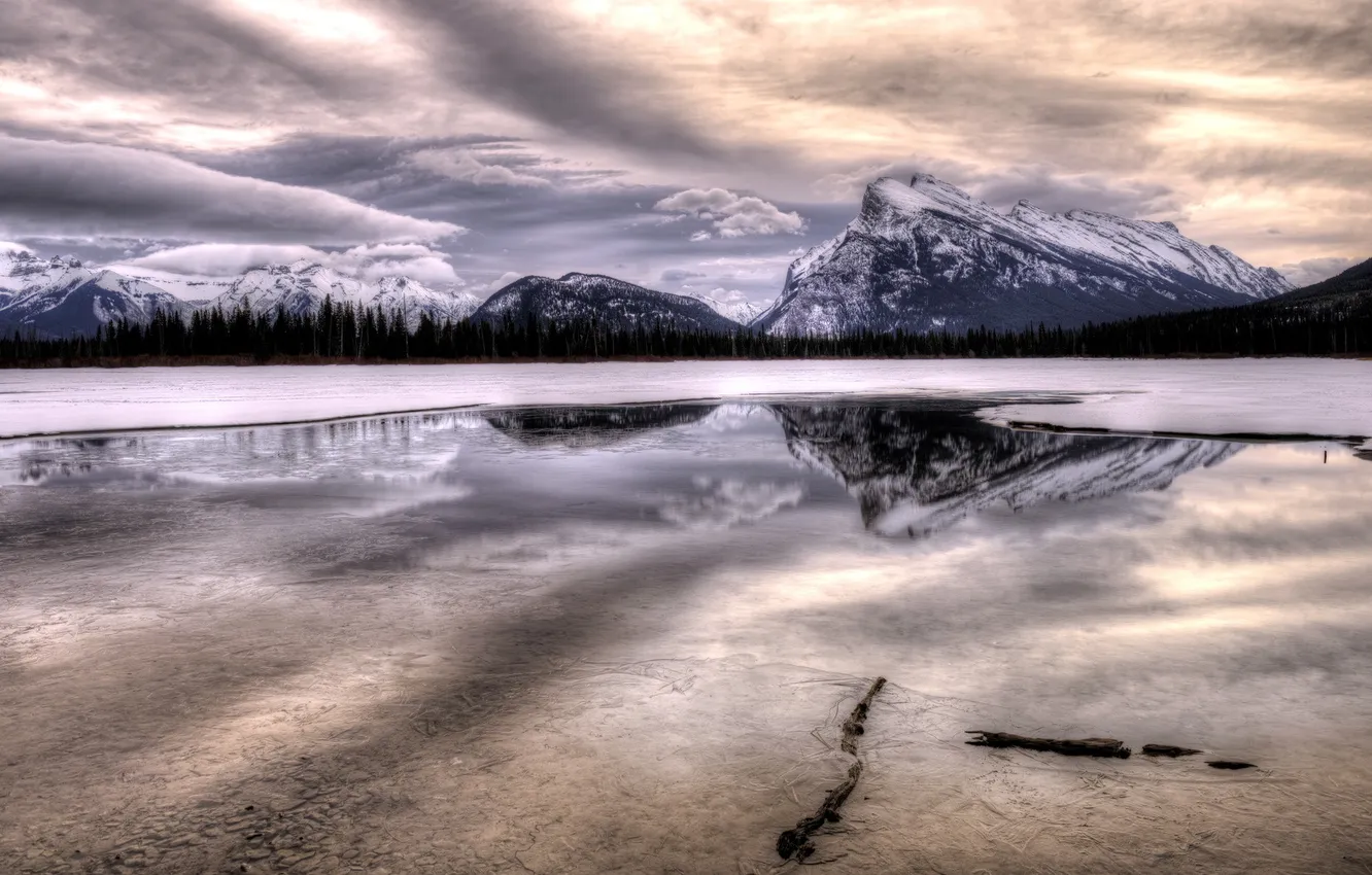 Фото обои зима, пейзаж, горы, озеро