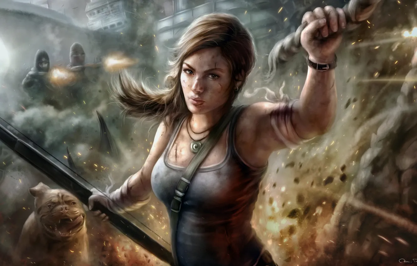 Фото обои девушка, погоня, искры, Tomb Raider, Lara Croft, раны