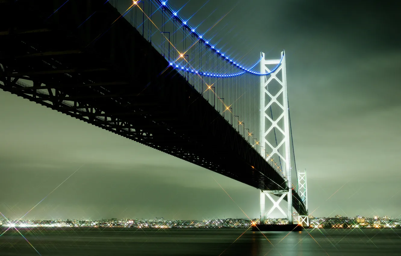 Фото обои мост, город, огни, Япония, Japan, Акаси-Кайкё, Akashi Kaikyō Bridge