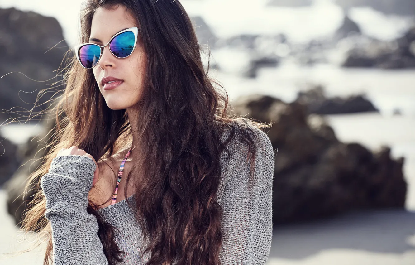 Фото обои пляж, девушка, очки