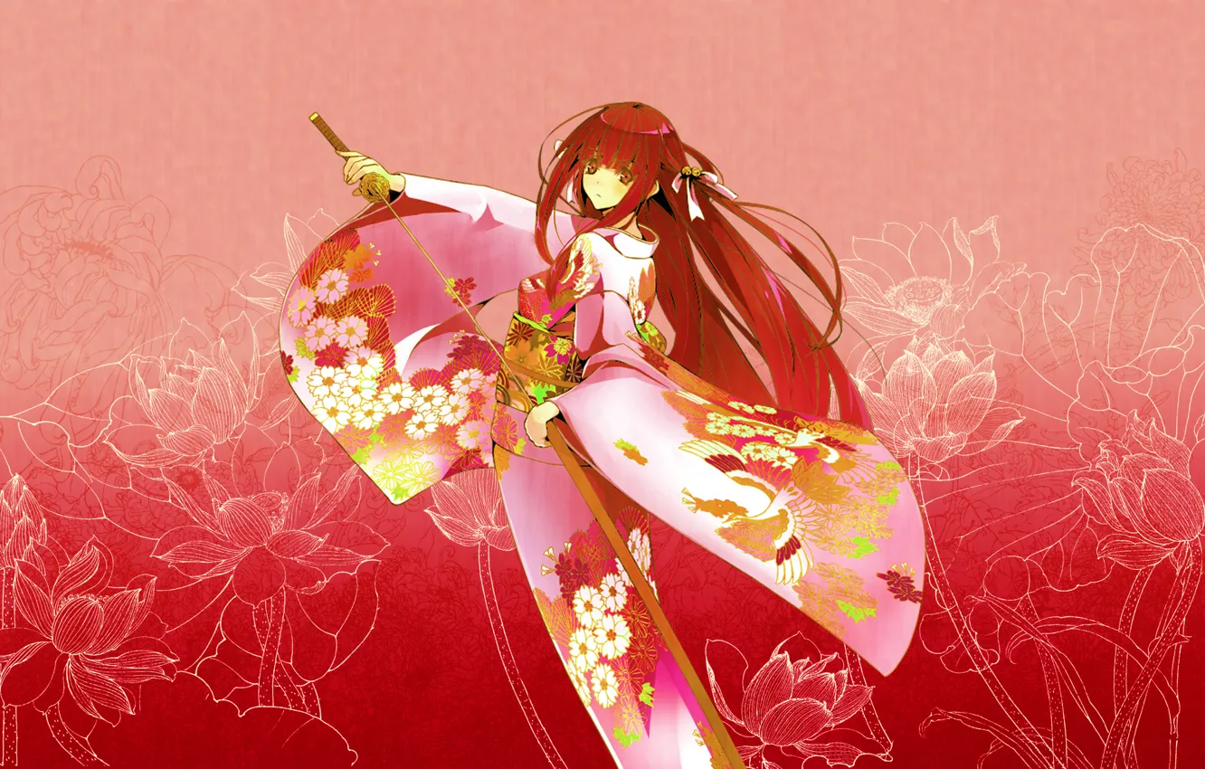Фото обои девушка, цветы, узор, катана, рыжая, кимоно, розовый фон, ножны