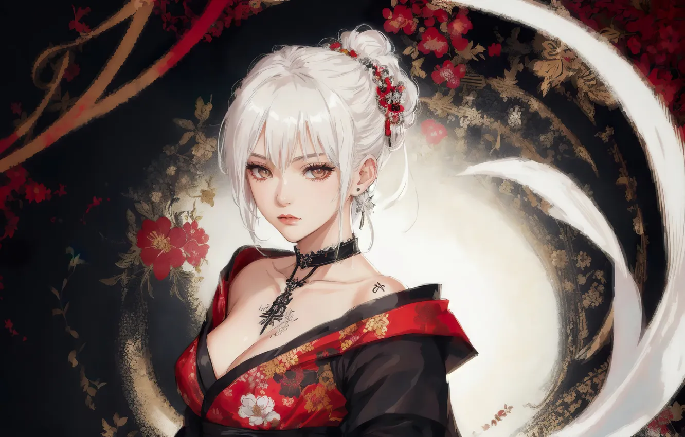 Фото обои girl, anime, flowers, painting, blond, digital art, fantasy art, kimono