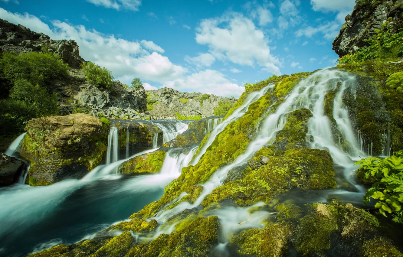 Фото обои река, камни, мох, водопады, каскад, Исландия, Iceland, Gjáin
