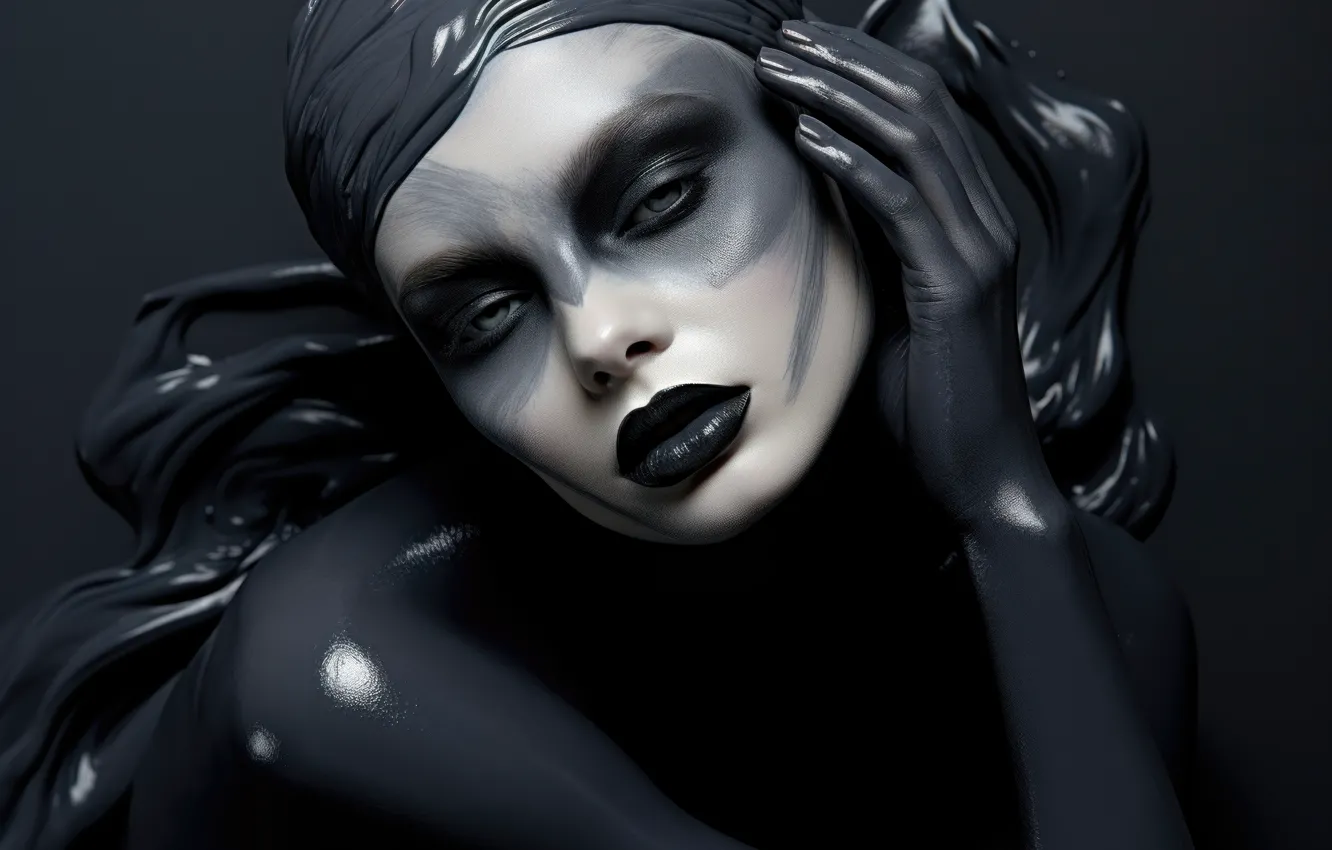 Фото обои девушка, лицо, поза, рендеринг, портрет, макияж, арт, серый фон