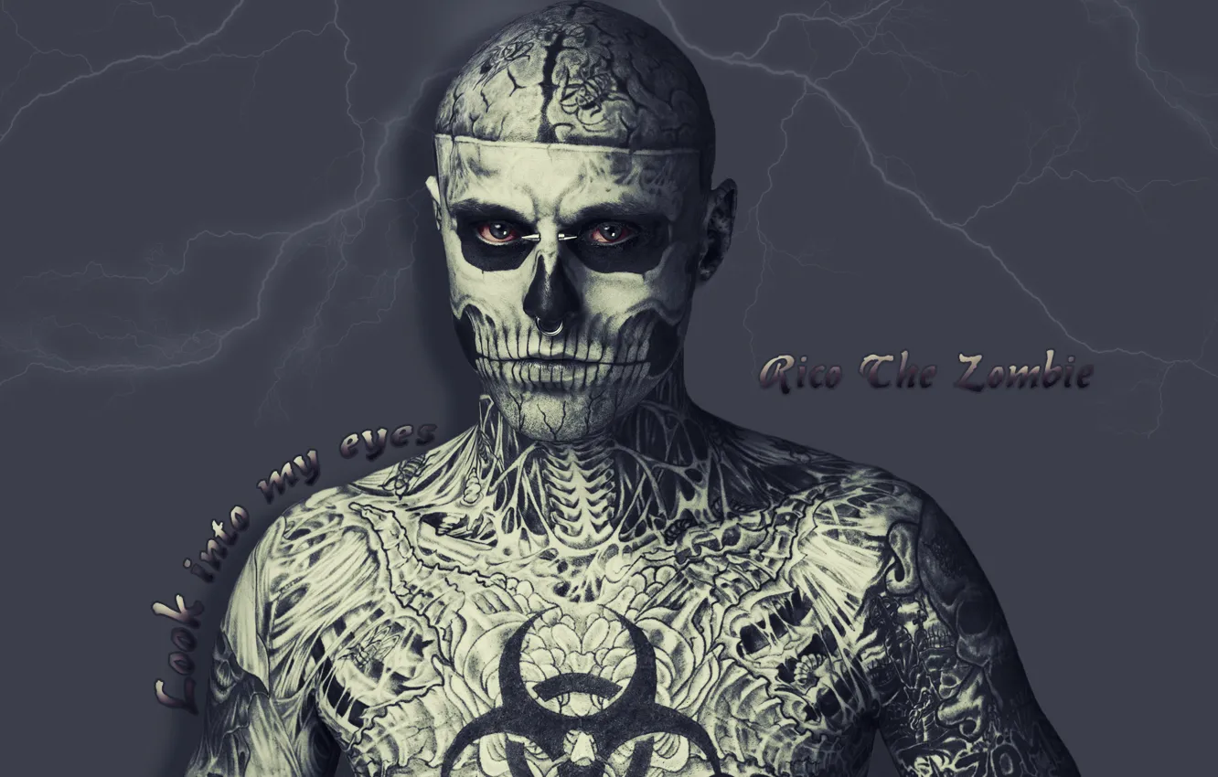 Фото обои глаза, молния, татуировки, Rico, The zombie, человек скелет