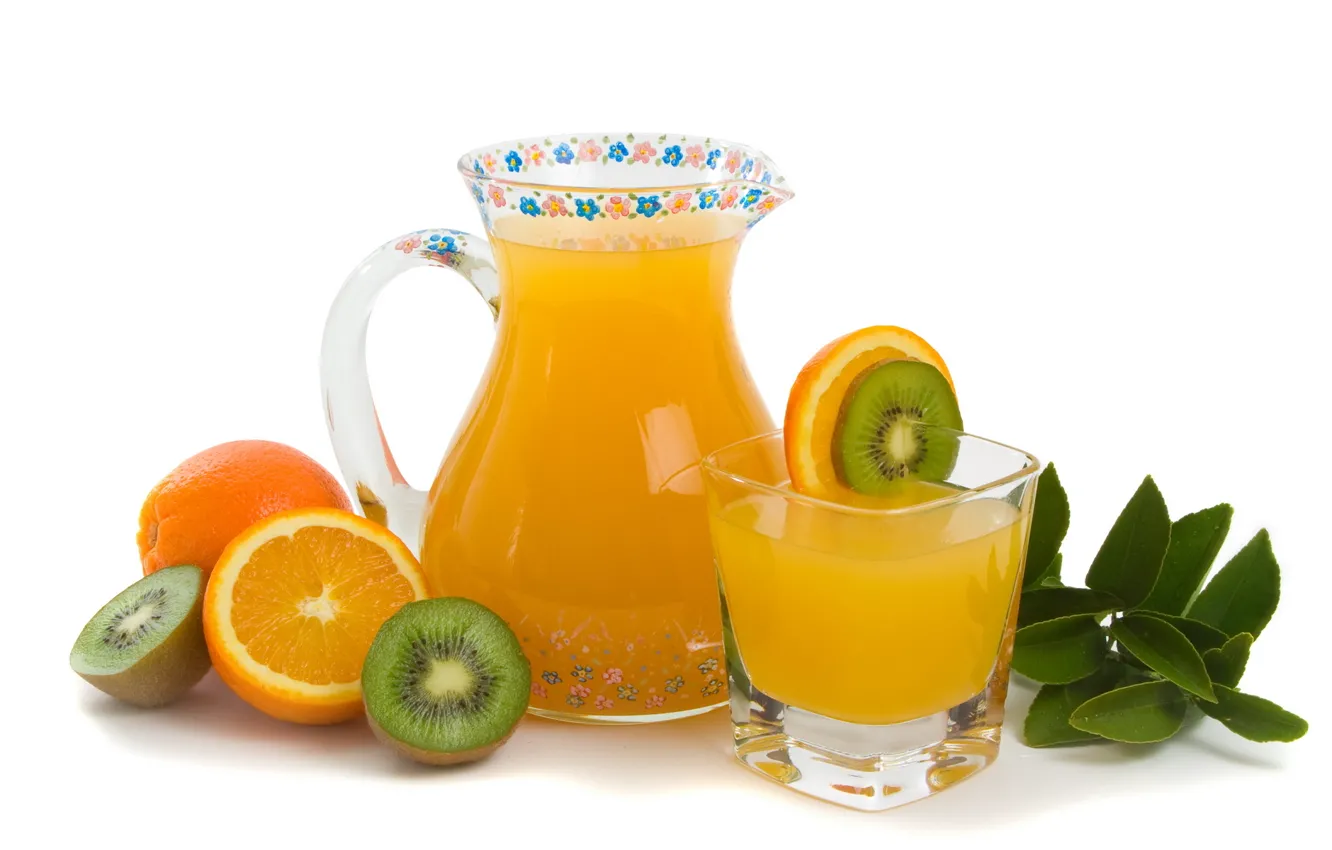 Фото обои свежесть, стакан, апельсин, киви, сок, графин