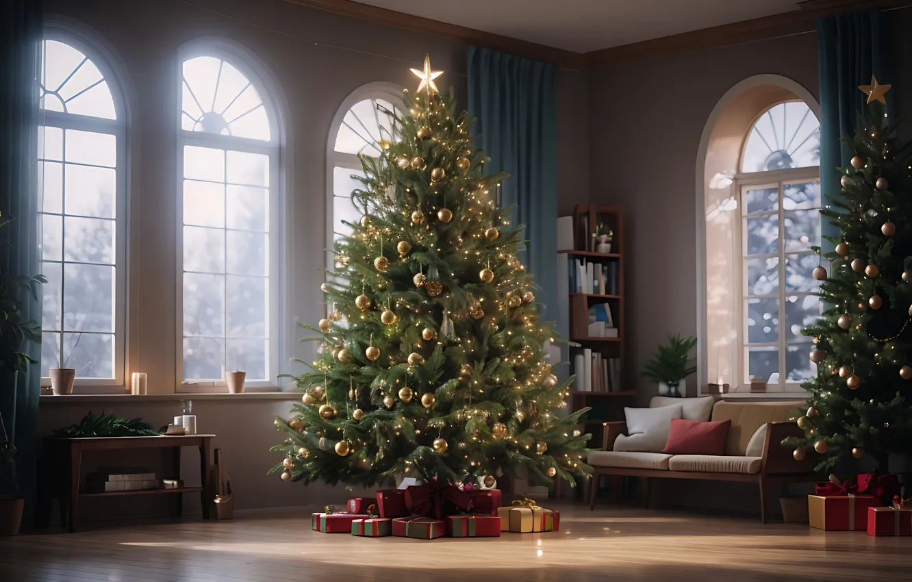 Фото обои украшения, комната, подарок, елка, новый год, интерьер, Рождество, Christmas