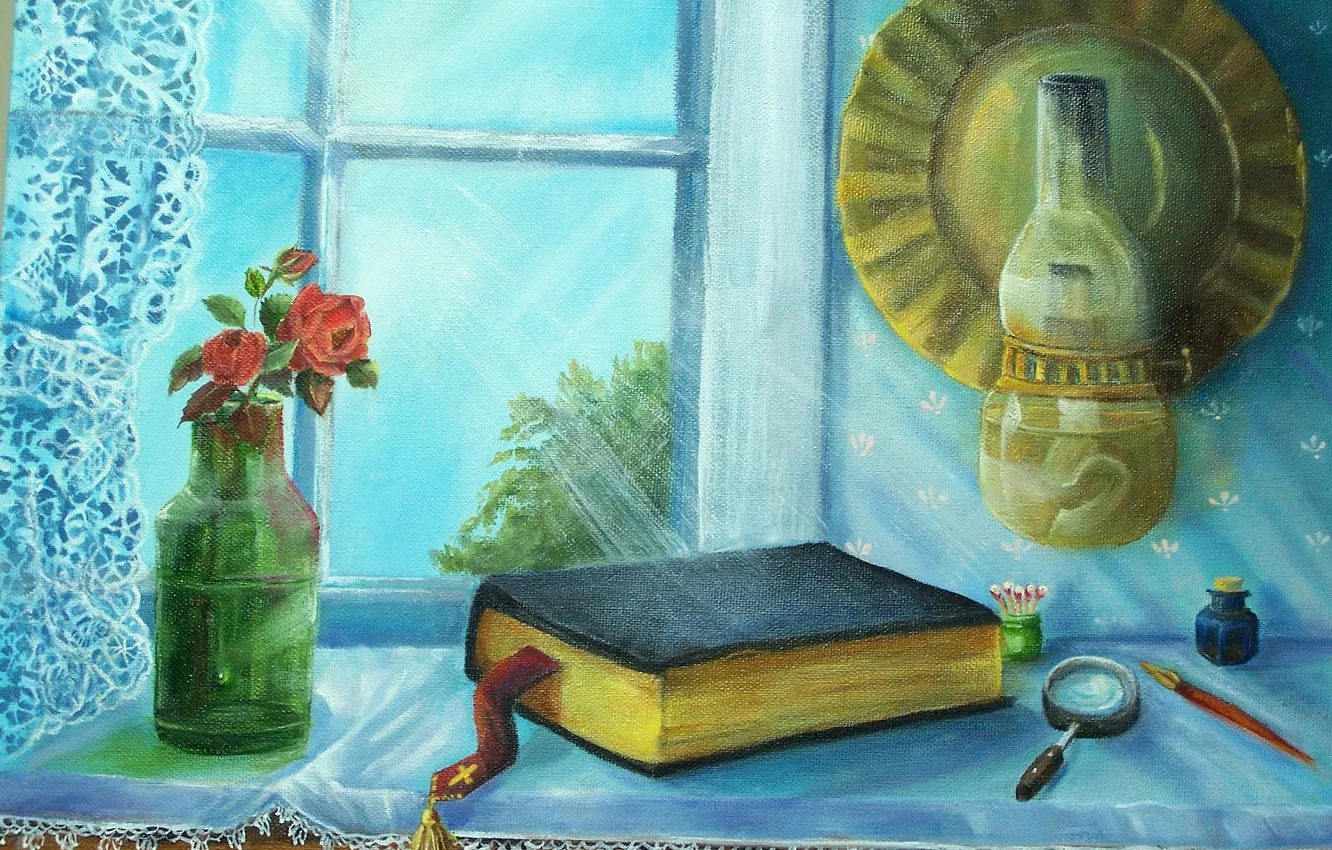 Фото обои свет, розы, окно, арт, керосинка, книга, натюрморт, библия
