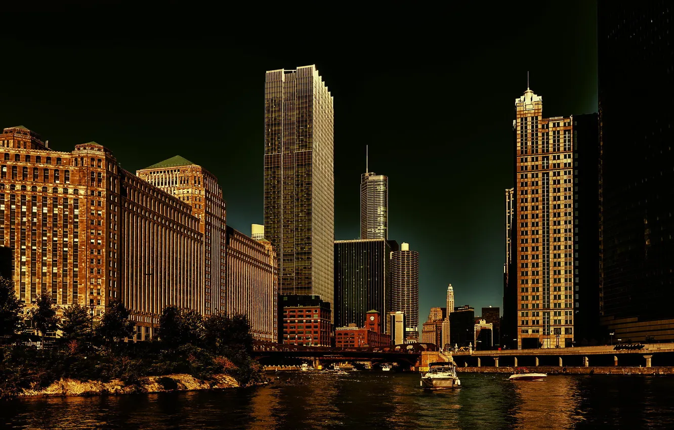 Фото обои река, здания, небоскребы, Чикаго, USA, Chicago, мегаполис, illinois