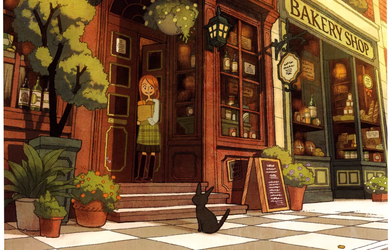 Фото обои кот, улица, девочка, горшки, магазин, витрина, Bakeri shop