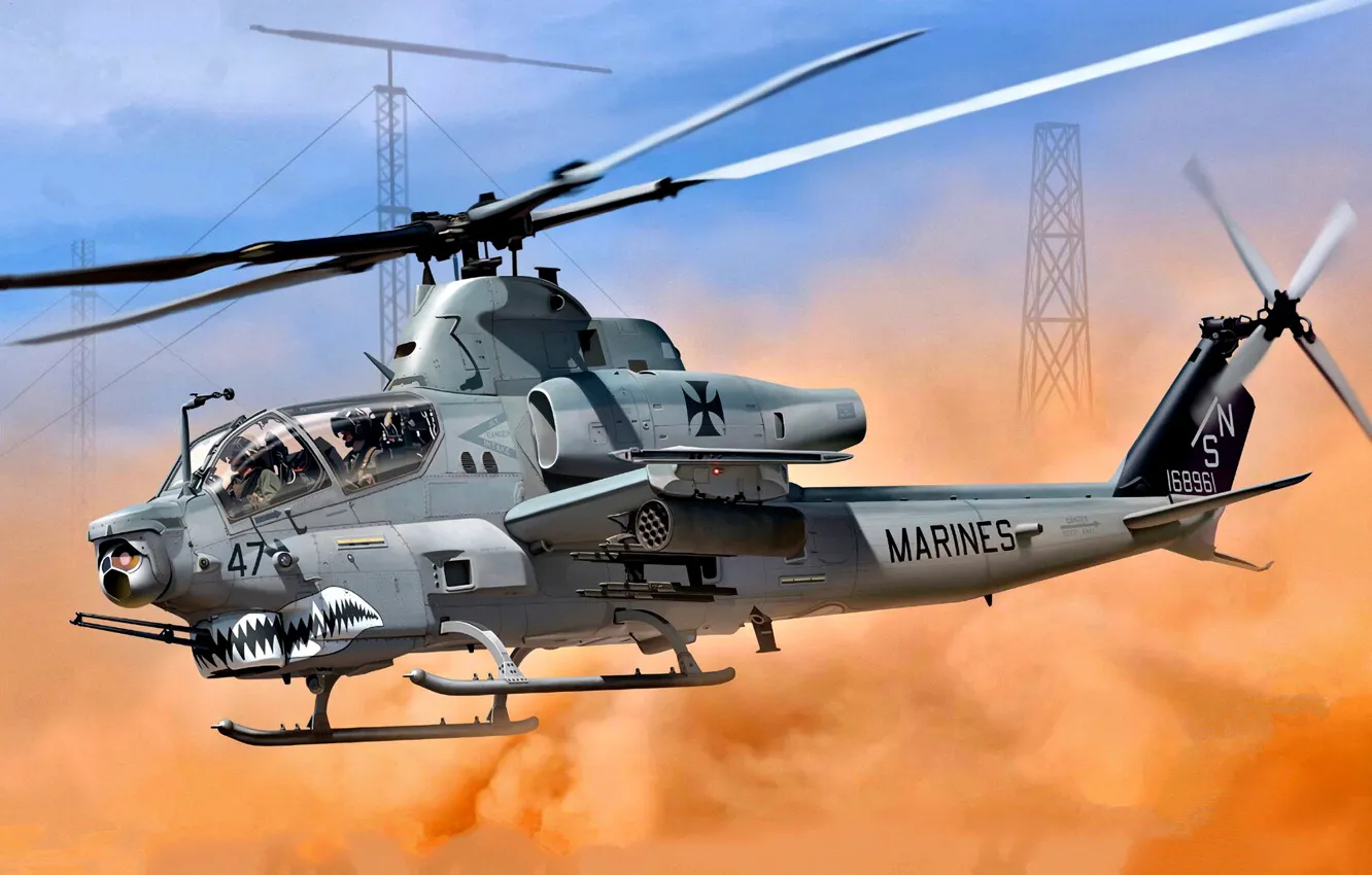 Фото обои США, Super Cobra, USMC, Ударный вертолёт, AH-1Z Viper, Боевой вертолёт, Акулья пасть