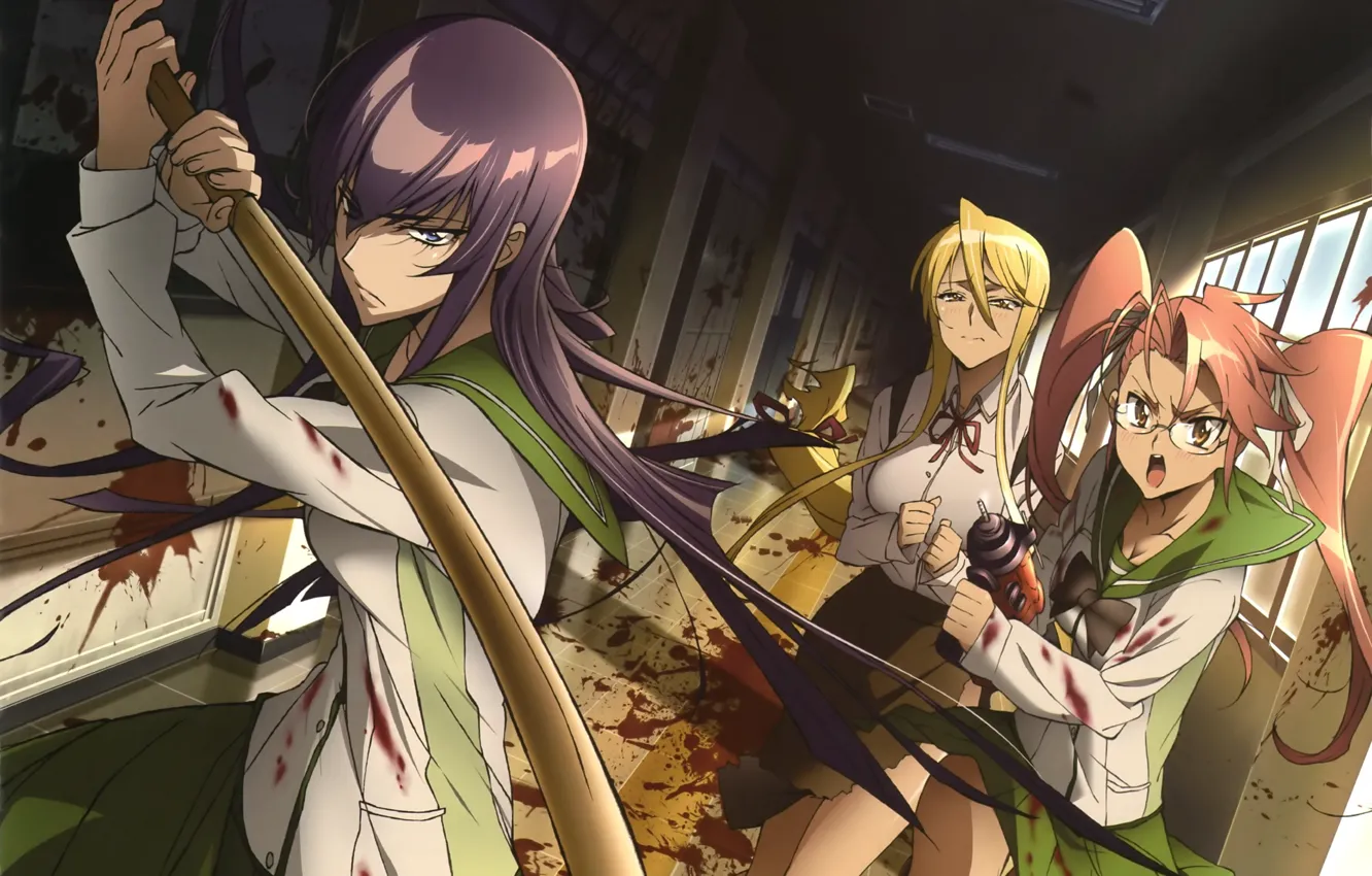 Фото обои оружие, девушки, кровь, зомби, школа, highschool of the dead, busujima saeko, сая такаги