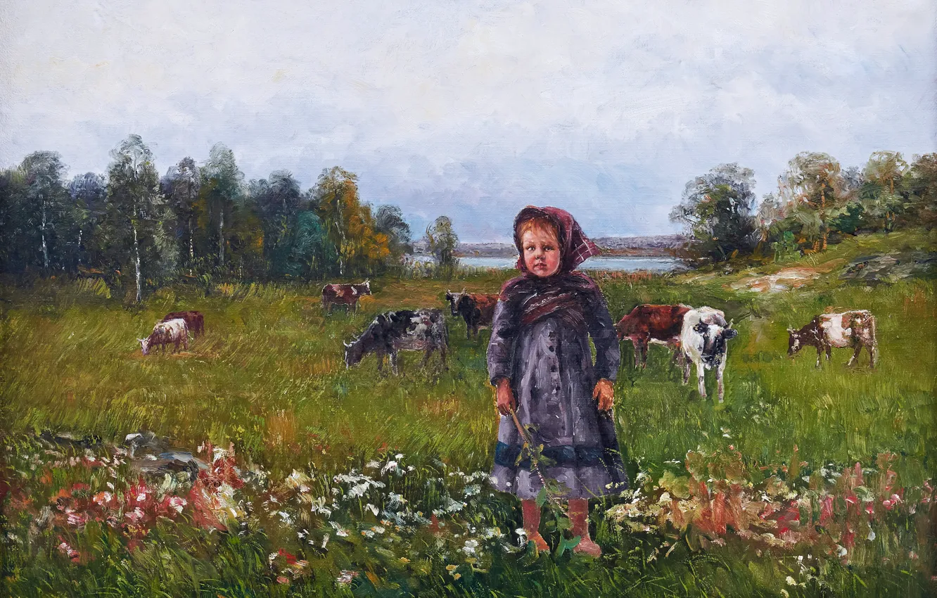 Фото обои Цветы, Трава, Картина, Девочка, Коровы, Johan Severin Nilsson, Шведский художник, Девочка на пастбище с коровами …