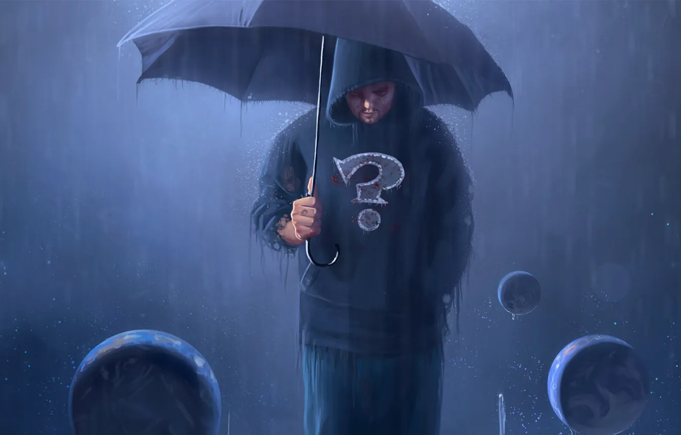 Фото обои космос, дождь, зонт, капюшон, мужчина
