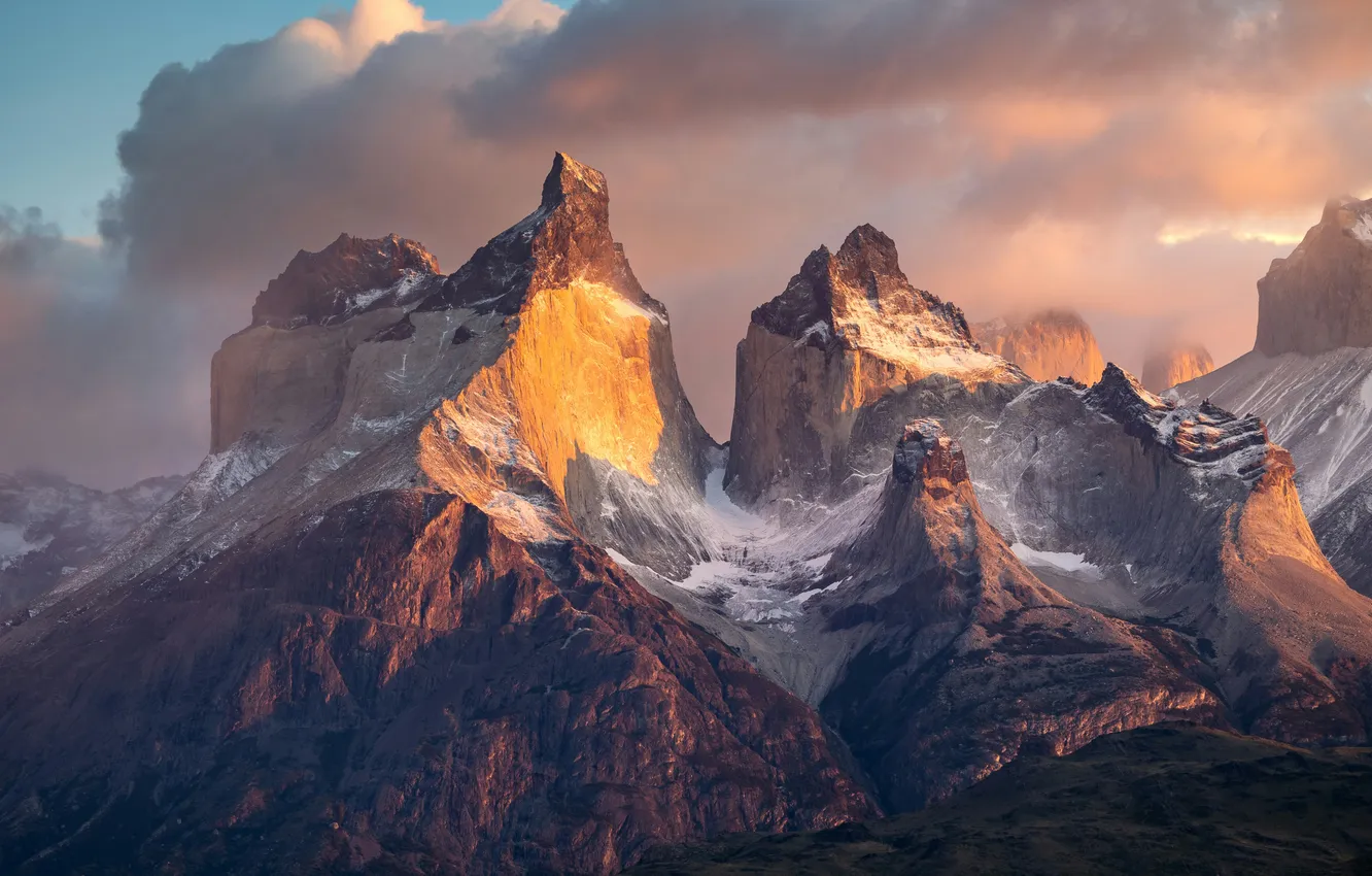 Фото обои wallpaper, Clouds, Sky, Rocks, Peak, The mountains