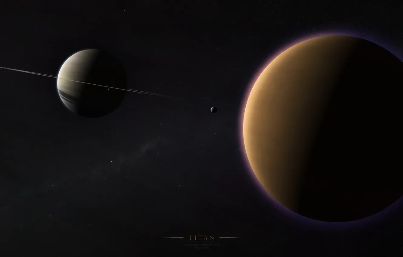 Фото обои кольца, солнечная система, млечный путь, спутники, сатурн, титан, газовый гигант