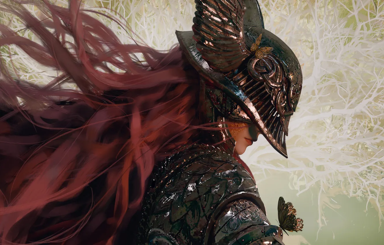Фото обои fantasy, armor, butterfly, redhead, artist, digital art, artwork, warrior