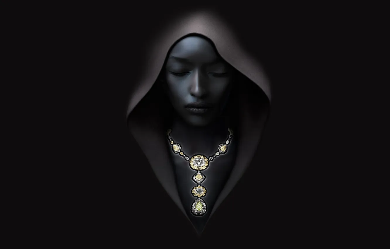 Фото обои девушка, темный, ожерелье, капюшон, балахон