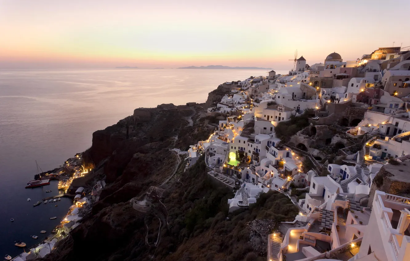 Фото обои море, пейзаж, закат, остров, дома, Греция