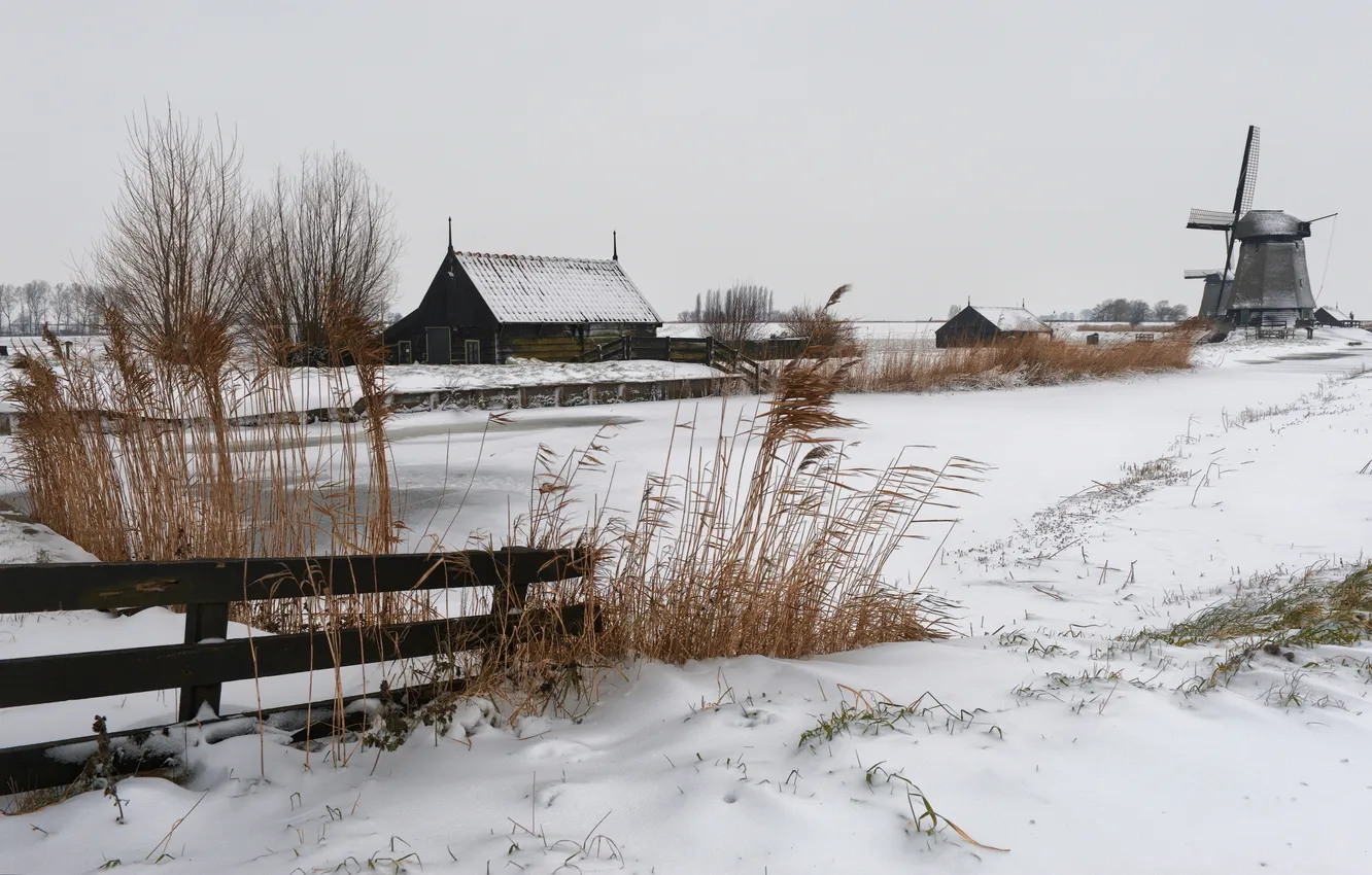 Фото обои зима, дом, мельница