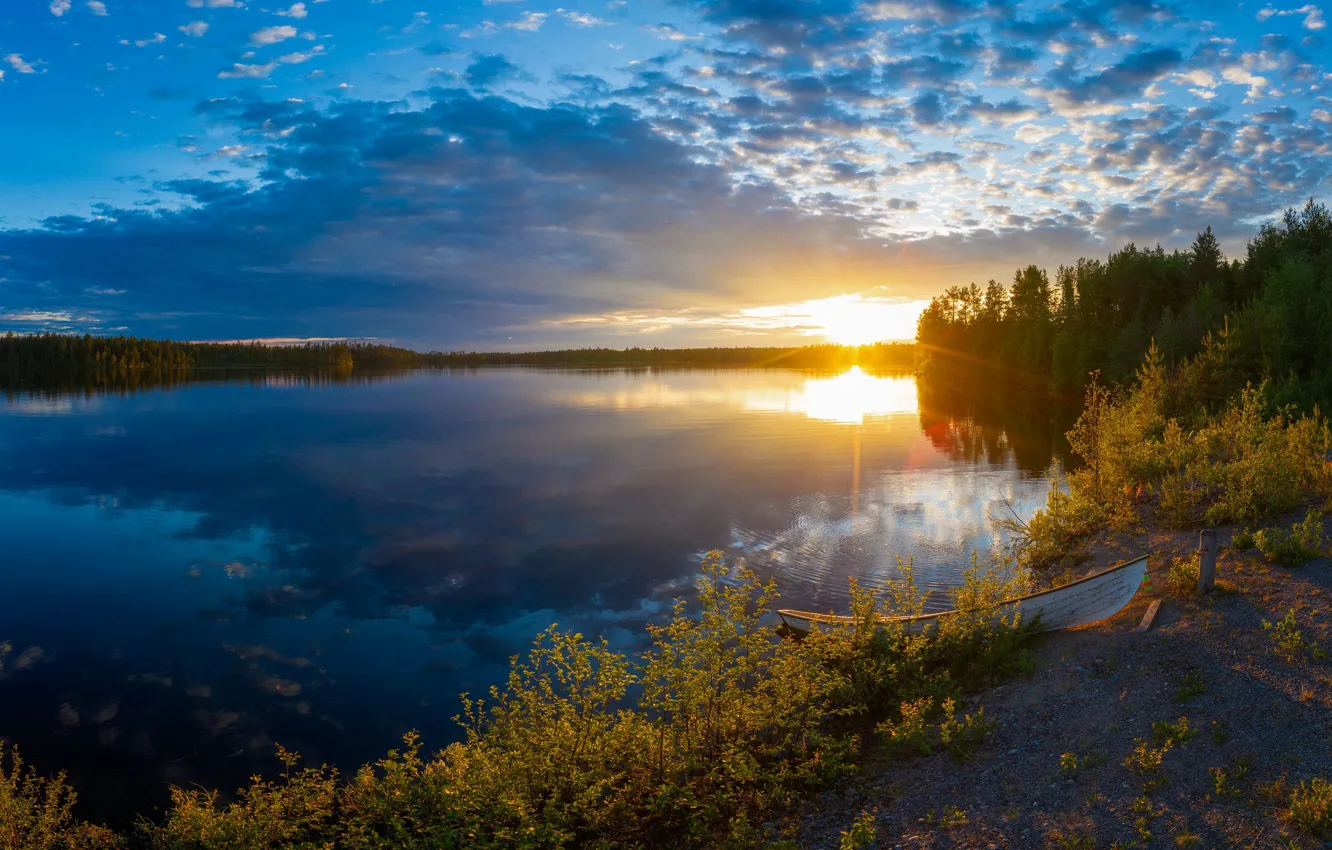 Фото обои солнце, облака, пейзаж, речка, Финляндия, Finland