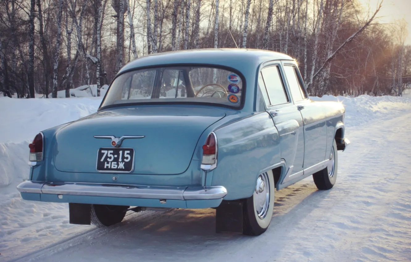 Фото обои снег, ретро, фон, обои, СССР, автомобиль, легенда, волга