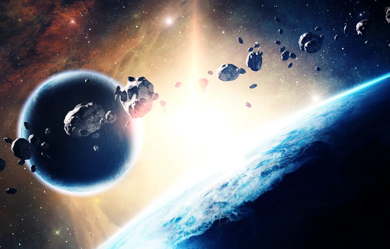 Фото обои космос, звезды, туманность, астероиды, палнеты