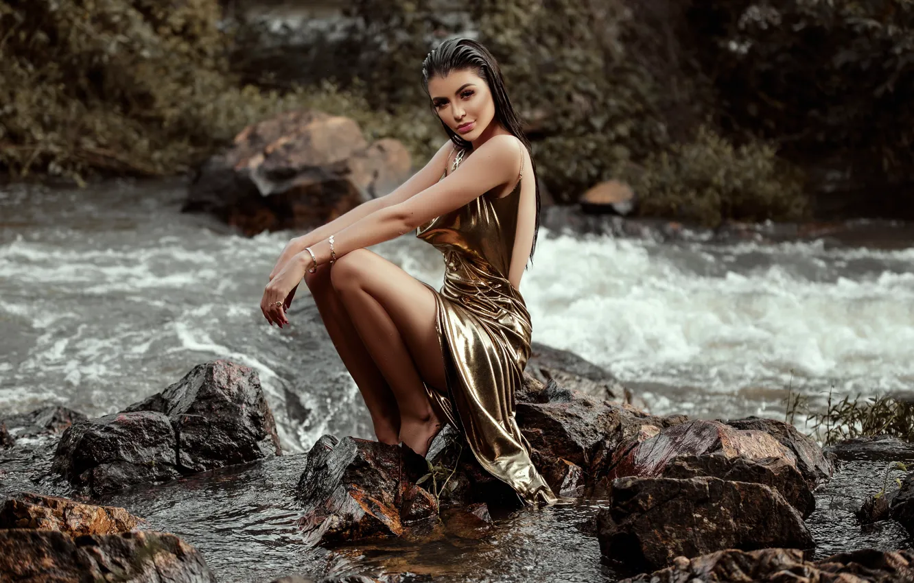 Фото обои взгляд, украшение, горная река, валуны, look, вечернее платье, jewelry, evening dress