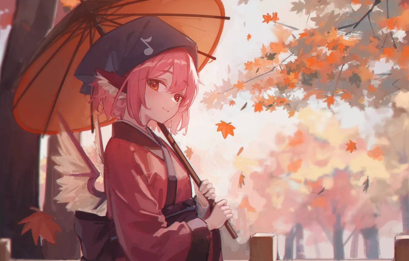 Фото обои осень, девушка, зонт, демон, фэнтези, воробей, Touhou Project, Mystia Lorelei