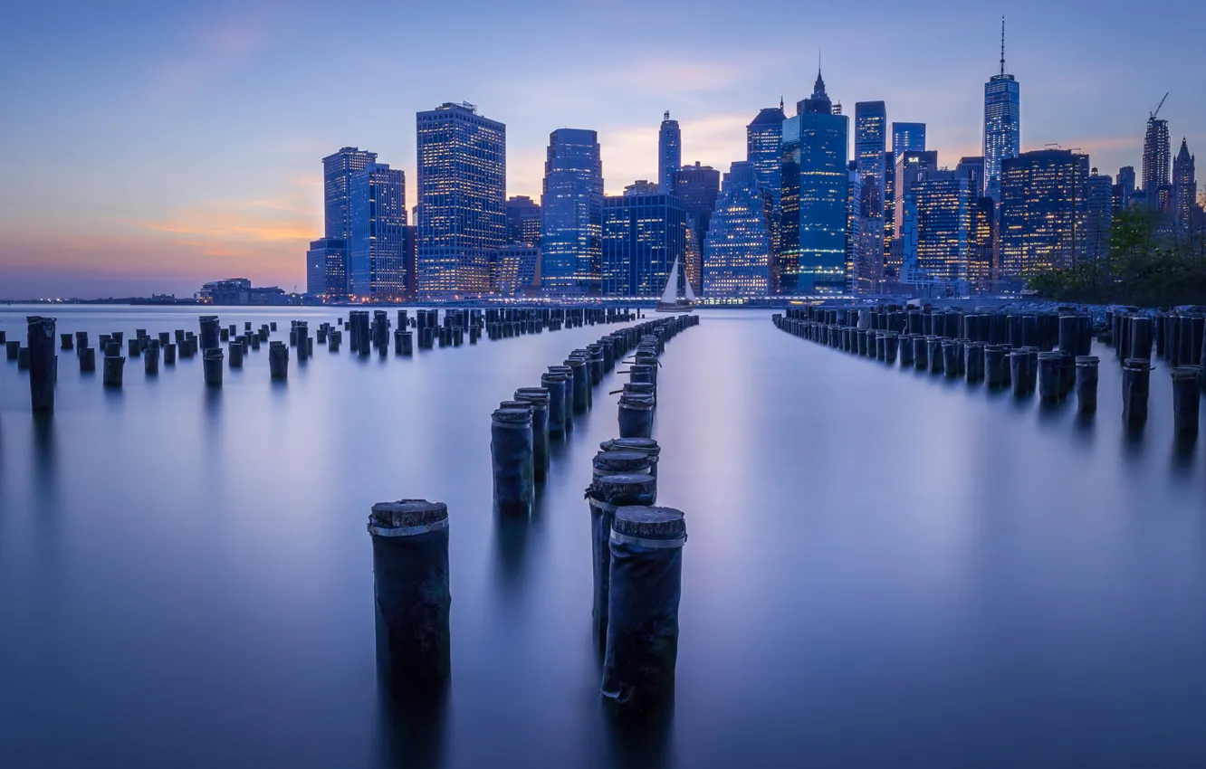 Фото обои река, Нью-Йорк, небоскребы, архитектура, New York