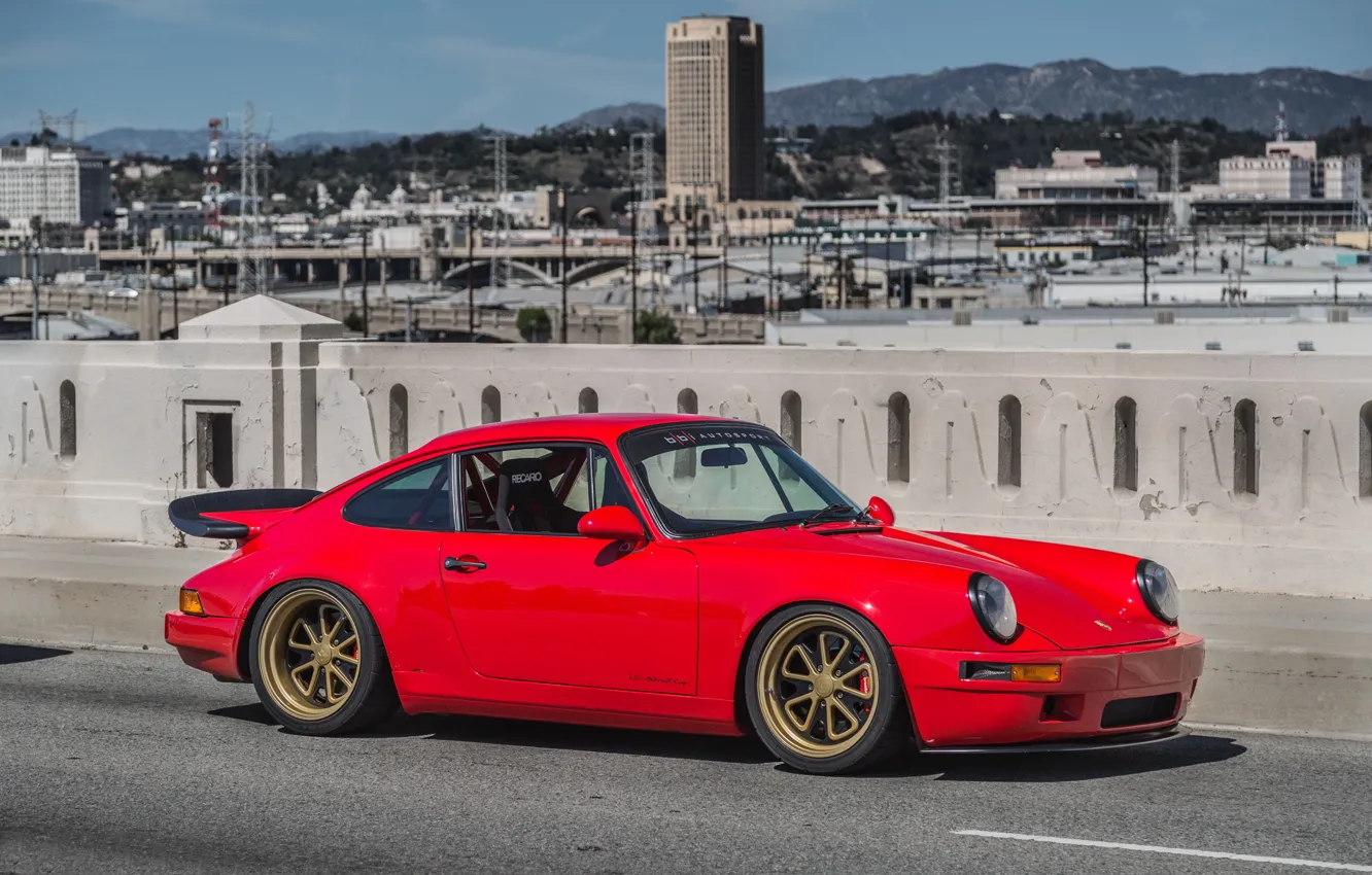 Фото обои Porsche, red, 964, brige