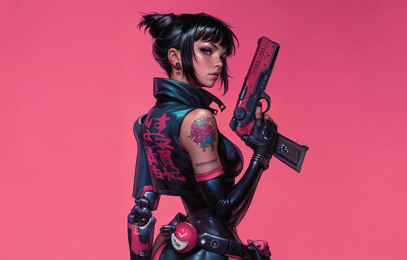 Фото обои Girl, Gun, Anime, Tattoo, Anime Girl, AI Art, AI Generated