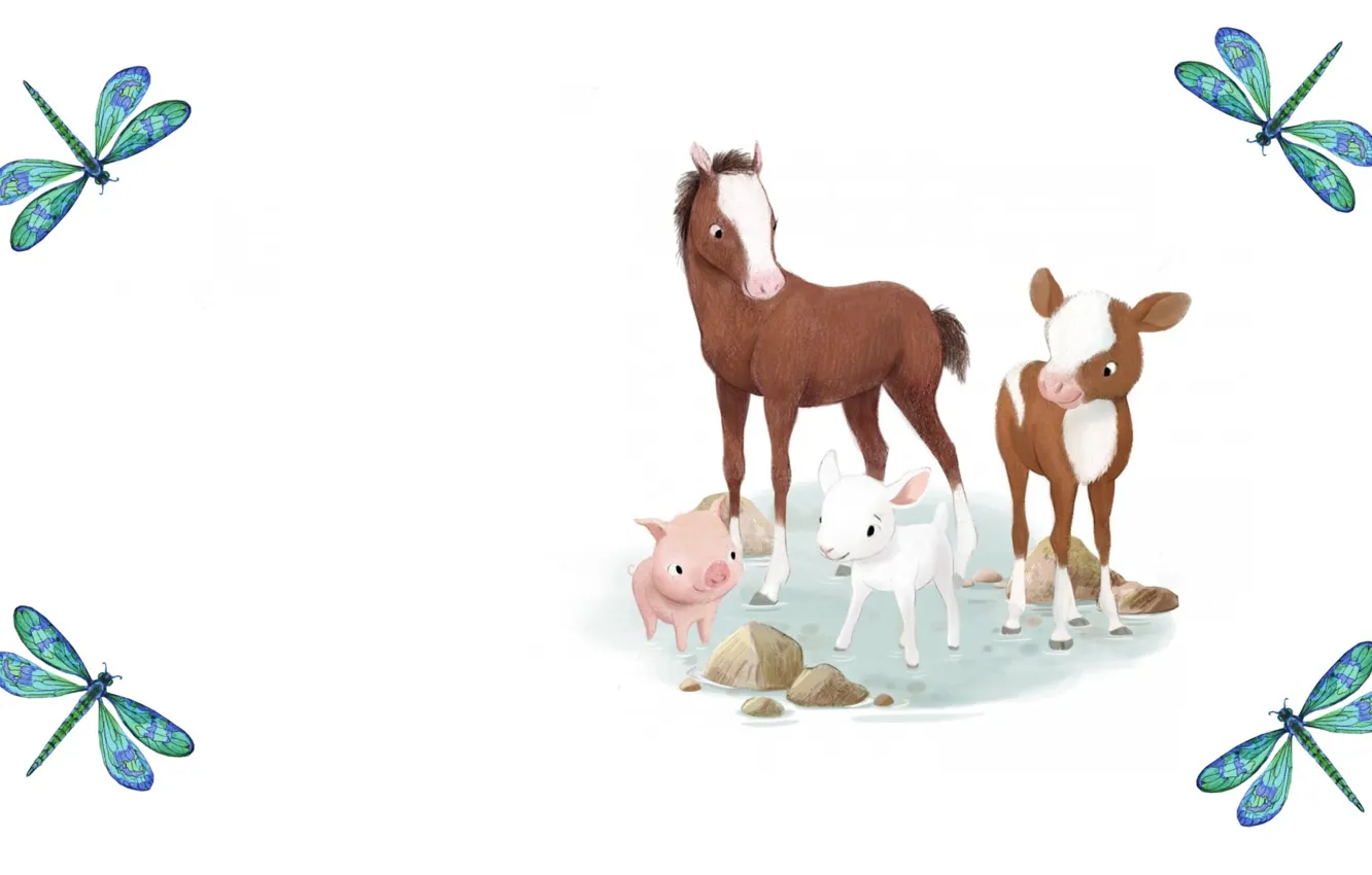 Фото обои животные, рисунок, стрекоза, арт, детская, лошадка, поросёнок, козочка