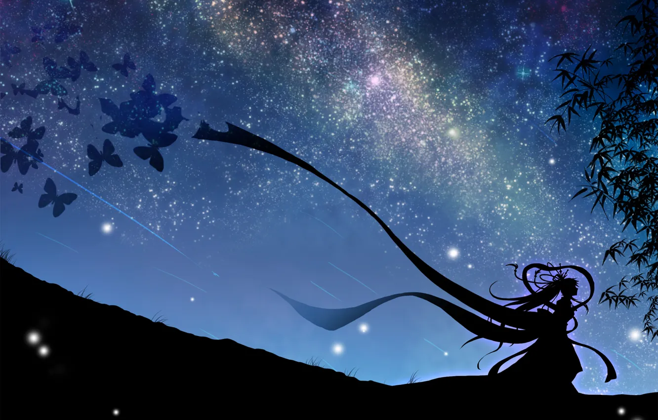 Фото обои небо, девушка, звезды, бабочки, ночь, арт, vocaloid, hatsune miku